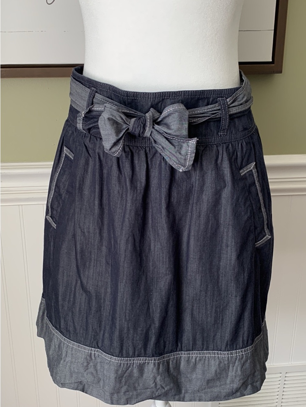 LOFT Dark Indigo Denim Mini Skirt with Tie Waist